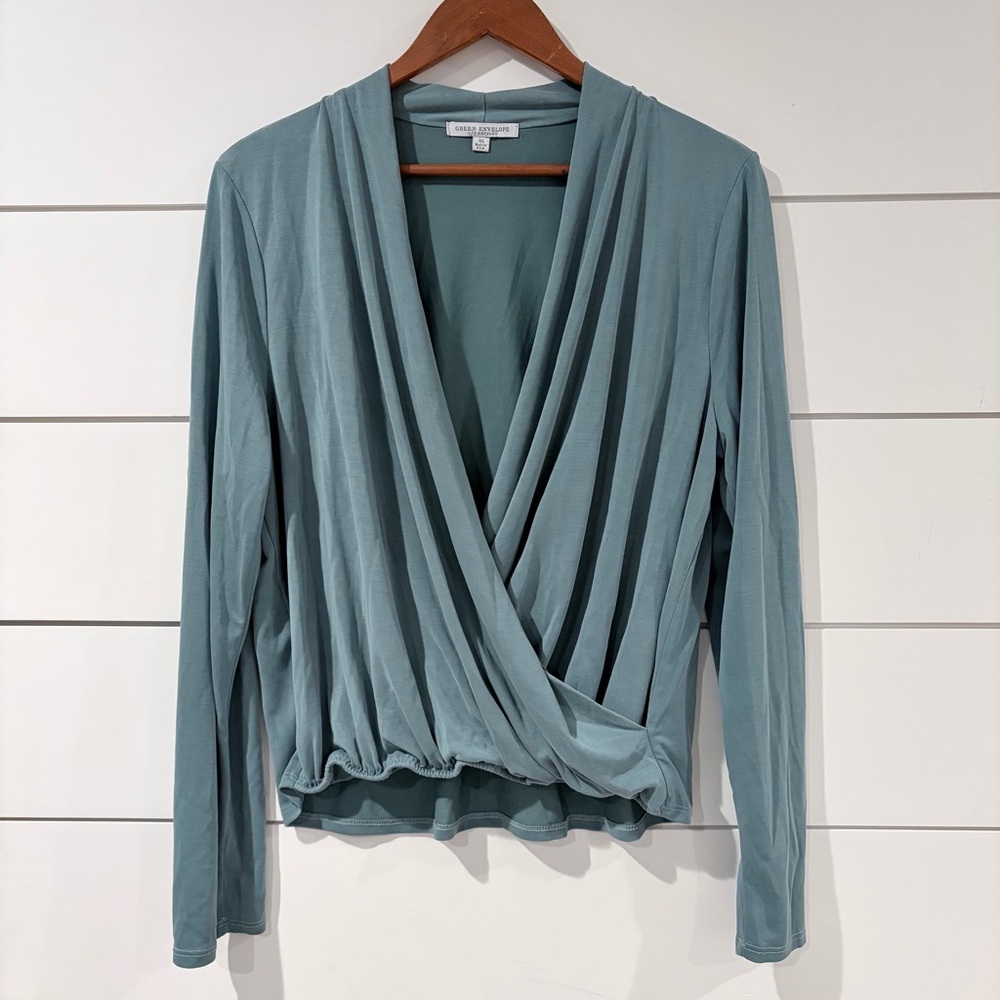 Green Envelope Sage Wrap Top XL Soft Drape Long Sleeve Minimal Chic